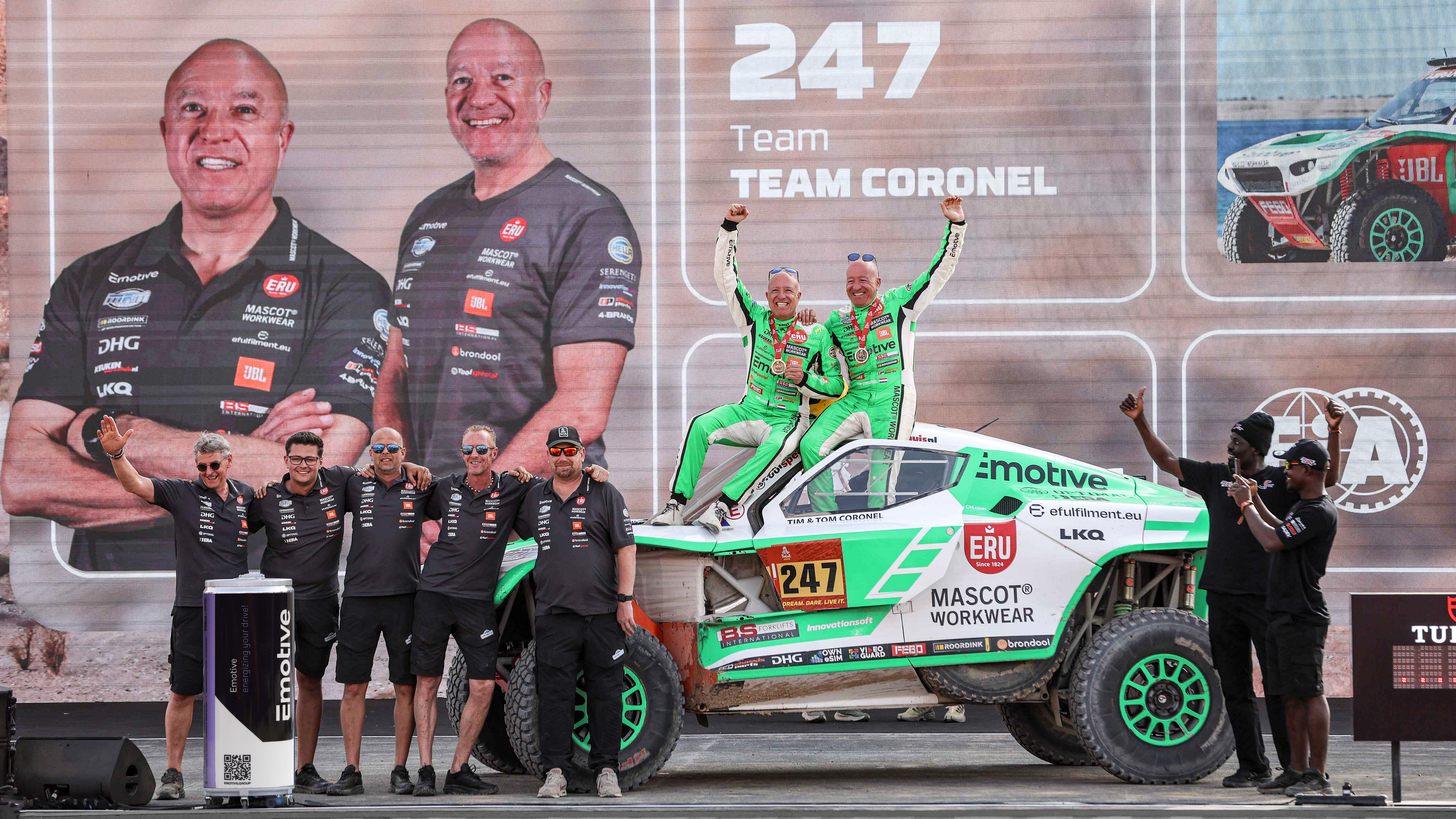 Tim and Tom Coronel together at the finish of the Dakar Rally 2026